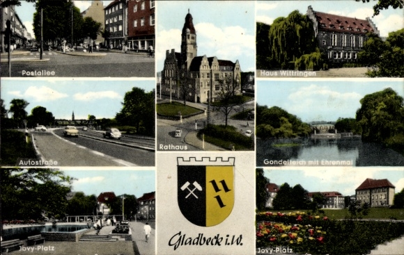 Postcard Gladbeck in the Ruhr area Westphalia, Wittringen water castle, Postallee, town hall, Haus Wittri...