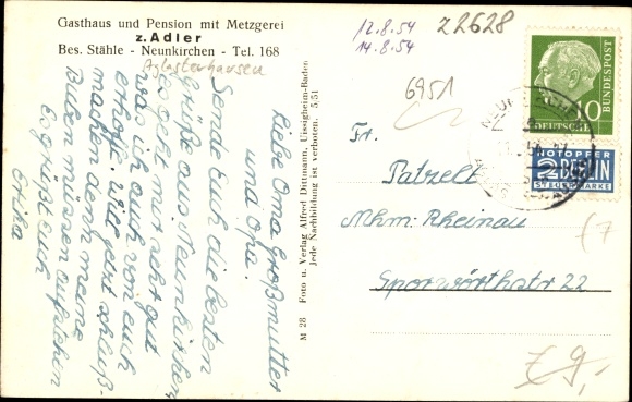 Postcard Neunkirchen in Baden, town hall, inn and pension to the eagle