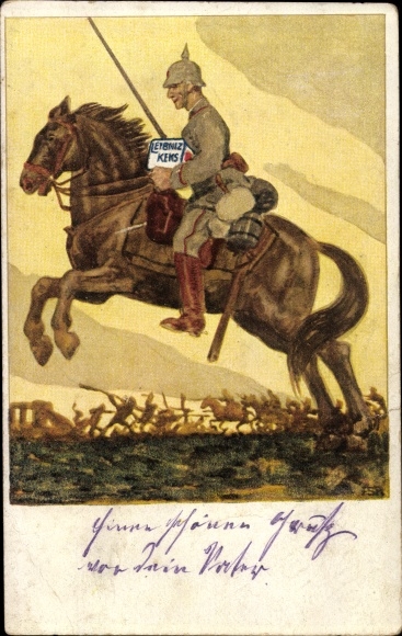 Artist PC Georgi, W., Leibniz Biscuit, advertisement, Bahlsens Biscuit Factory Hanover, rider, soldier, uniform
