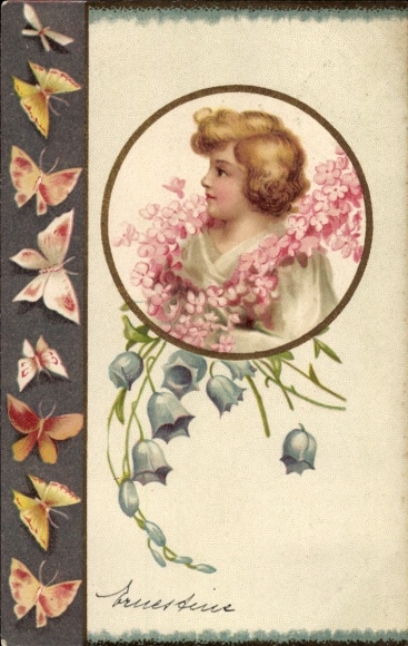 Präge Litho Mädchen-Portrait, Blumen, Schmetterlinge