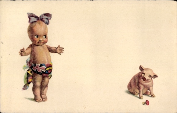 Ak Mädchen mit Haarschleife, Schwein