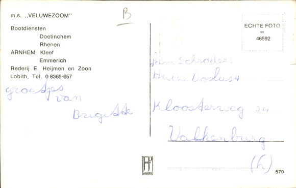Postcard MS Veluwezoom, shipping company E. Heijmen and son