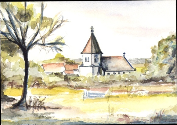 Postcard Schwarzkollm Hoyerswerda in Upper Lusatia, watercolor painting of a church, rural surroundings