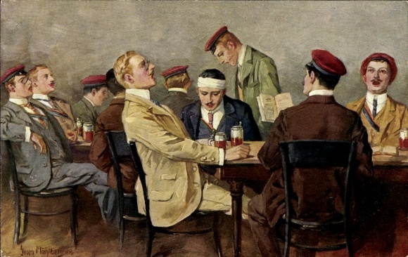 Studentika artists Postcard Mühlberg, G., students a fraternity sitting at a table and drinking beer