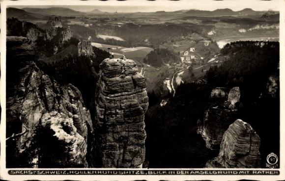 Ak Rathen an der Elbe Sächsische Schweiz, Sachs Schweiz, Hollenhundspitze, Blick in den Amselgrun