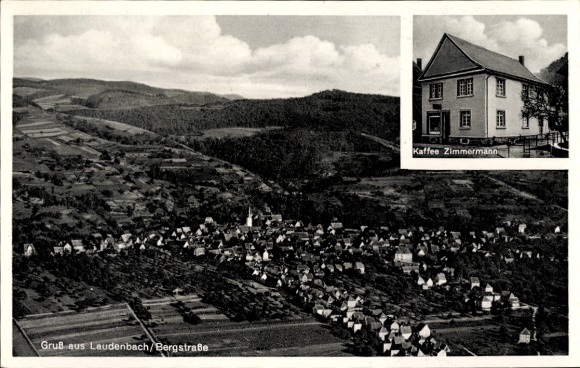 Ak Laudenbach an der Bergstraße, Fliegeraufnahme, Kaffee Zimmermann