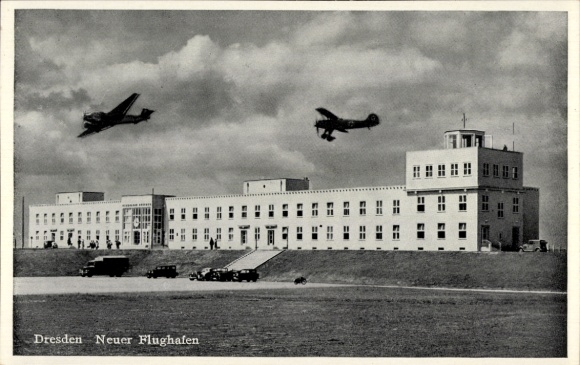 Postcard Dresden Klotzsche, New Airport, Truck, Airplanes in the Air