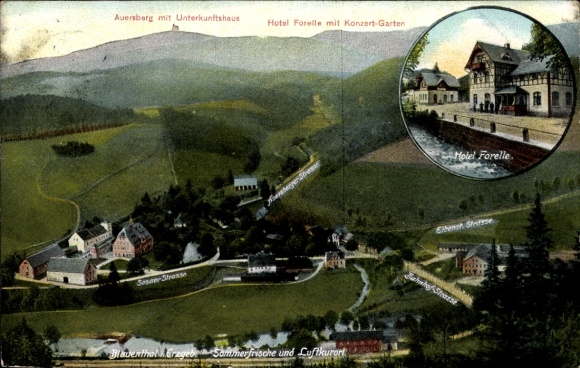 Postcard Blauenthal Eibenstock in the Erzgebirge, Hotel Forelle, Sosaer Straße, Auersberg, accommodation house