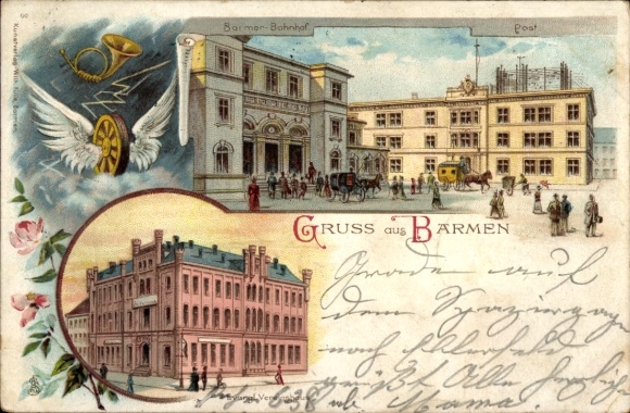 Litho Barmen Wuppertal, Bahnhof, Post, evangelisches Vereinshaus, Horn