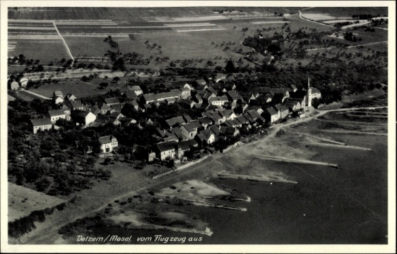 Postcard Detzem on the Moselle, aerial view of the Moselle, houses, church, water, landscape