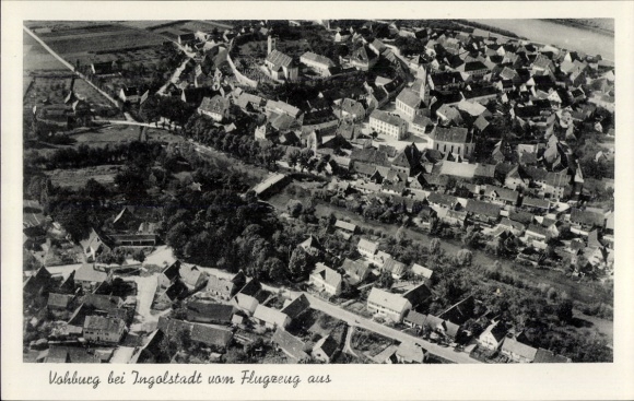 Postcard Vohburg an der Donau Upper Bavaria, aerial view of the town of Vohburg, s townscape, church visible