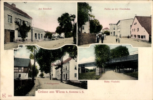 Ak Wiesa Kamenz in der Lausitz, Bahnhof, An der Eisenbahn, Postagentur, Bahnviadukt