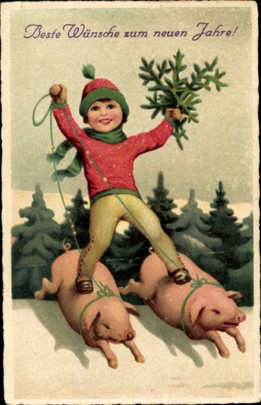 Postcard Happy New Year, boy standing on two pigs