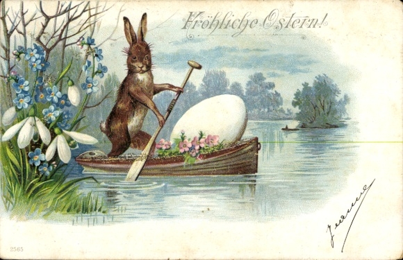 Glitter Chromo-Litho Happy Easter, Easter Bunny in a Boat, Egg, Forget-me-not, Snowdrop