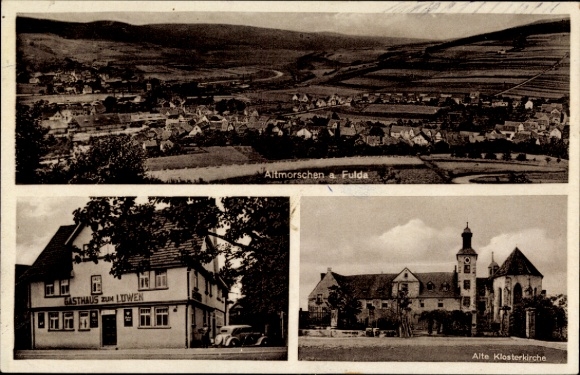 Postcard Altmorschen Morschen Hesse, general view, Gasthaus zum Löwen, monastery church