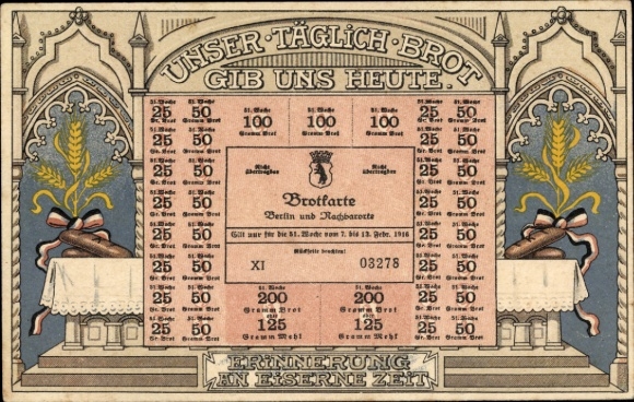 Postcard Berlin, bread card, Give us this day our daily bread, World War I
