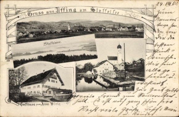 Ak Uffing am Staffelsee Oberbayern, Panorama, Gasthaus zum Alten Wirth, Kirche