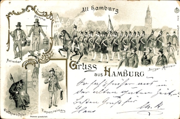 Litho Hamburg Mitte Altstadt, Bürger Militär, Hummel, Aalweber, Nachtwächter, Piepenreimers