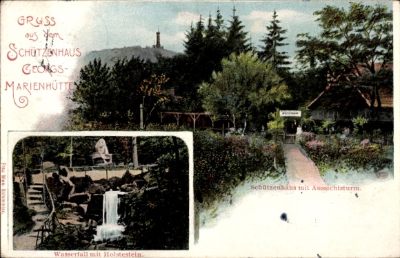 Ak Georgsmarienhütte in Niedersachsen, Schützenhaus mit Aussichtsturm, Wasserfall, Holstestein