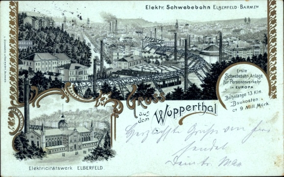 Chromo-Litho Wuppertal in North Rhine Westphalia, suspension railway, power station, city panorama