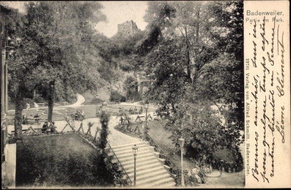 Ak Badenweiler im Schwarzwald,  Park, Treppen, Bäume, Weg,  Ruine