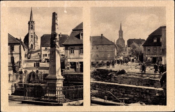 Postcard Berggiesshübel in Saxony, place at the bridge, before and after the catastrophe of 8./9. July 1927