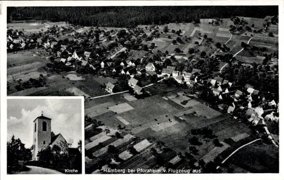 Postcard Hamberg Neuhausen in the Enzkreis Baden Württemberg, aerial photograph, church
