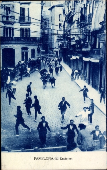 Postcard Pamplona Navarra Spain, El Encierro, bull run, refugees