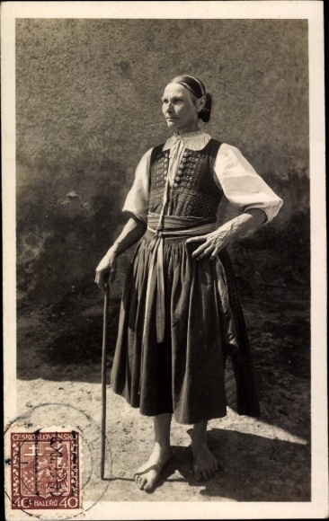 Postcard Woman in Slovak folk costume, barefoot
