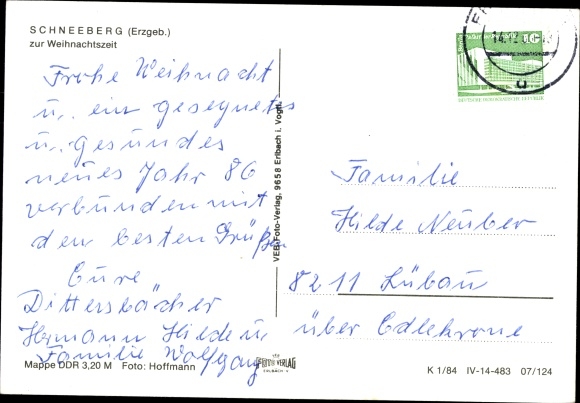 Postcard Schneeberg in the Ore Mountains, Christmas market at night, church