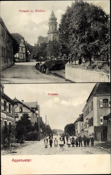 Postcard Appenweier in Baden Black Forest, church, street area, children