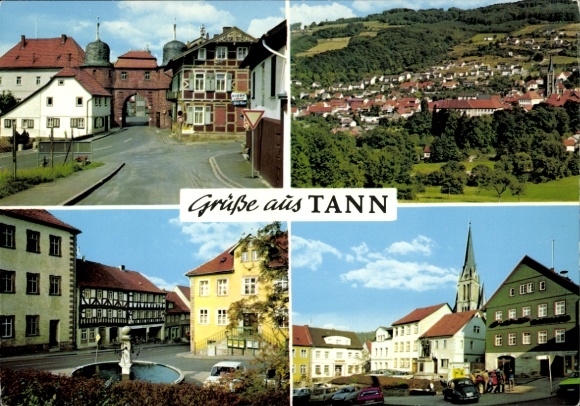 Postcard Tann in der Rhön Osthessen, panorama, gate, fountain, market
