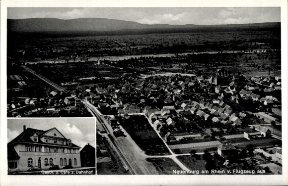 Postcard Neuenburg am Rhein Baden, aerial view from the guesthouse to the train station, picture from an airplane