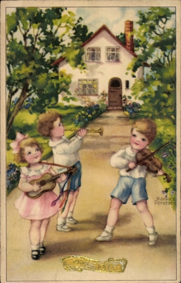 Artist Glitter Postcard Children playing guitar, violin and clarinet