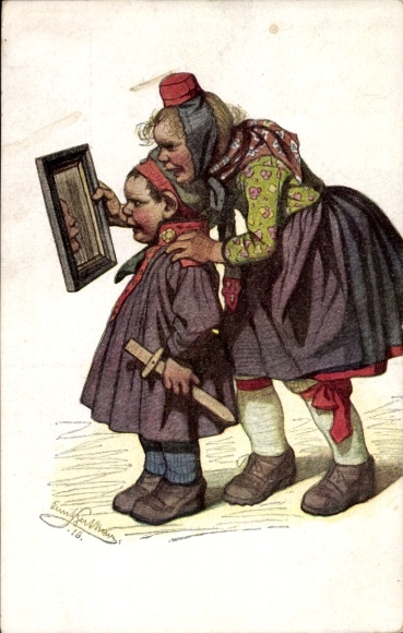 Artist Postcard Beithan, Emil, Hessian costumes, children in traditional costumes looking into a mirror