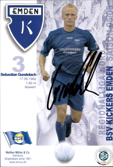Karta autografu piłkarza Sebastiana Gundelacha, BSV Kickers Emden, autograf