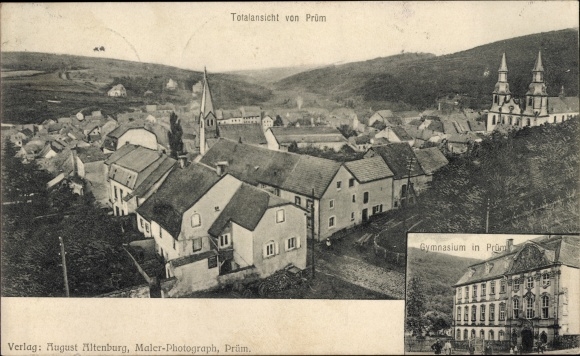 Postcard Prüm in the Eifel, high school, total view