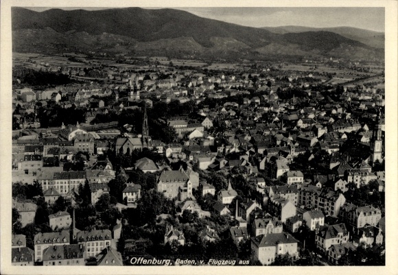 Postcard Offenburg in Baden Black Forest, aerial view of the city, Black Forest in the background
