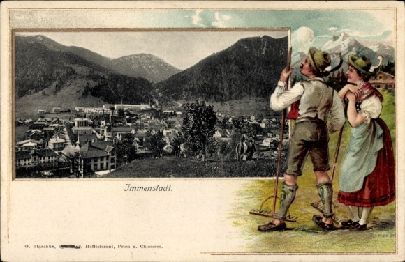 Embossed Passepartout PC Immenstadt im Allgäu Swabia, Panorama, Couple in Traditional Costume