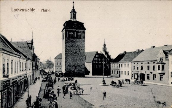Postcard Luckenwalde in the Teltow Fläming district, market with stalls, church tower