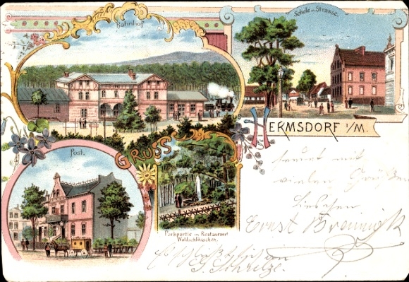 Chromo-Litho Berlin Reinickendorf Hermsdorf, Hermsdorf in der Mark, Restaurant Waldschlösschen, Train Station