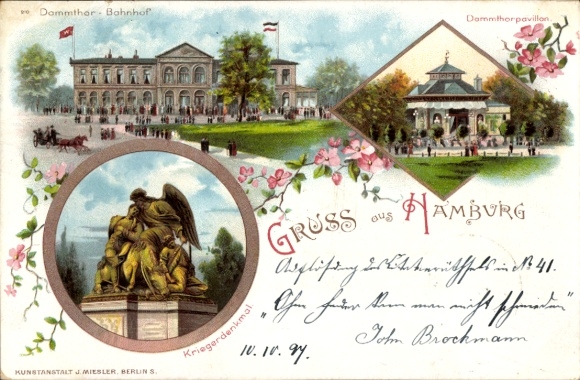 Chromo-Litho Hamburg Eimsbüttel Rotherbaum, Dammtorbahnhof, Dammtorpavillon, war memorial