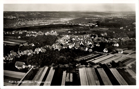 Postcard Ruit near Stuttgart Ostfildern in Baden, aerial photograph, Ruit, Stuttgart, houses, fields, photography