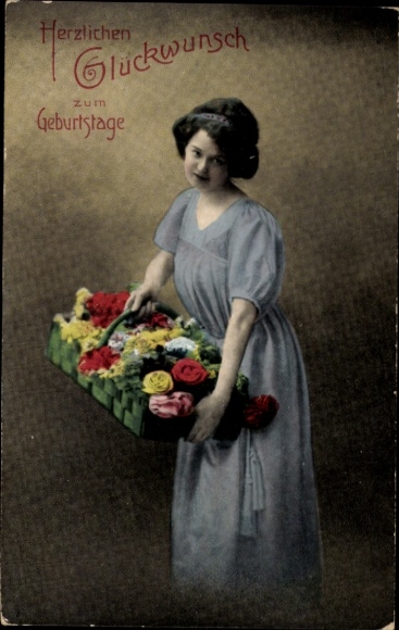 Happy Birthday, woman with flower basket