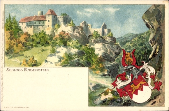 Künstler Wappen Litho Ahorntal Franken, Blick auf Schloss Rabenstein