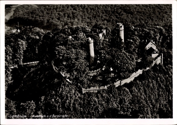Postcard Auerbach im Vogtland, castle ruins aerial photograph, wooded surroundings, buildings