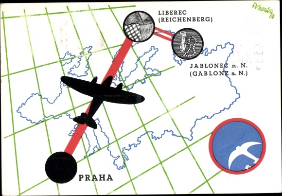 Maps Postcard Ceskoslovenske Statni Aerolinie, Liberec, Jablonec, Praha