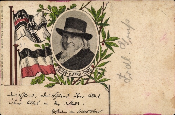 Postcard Heinrich Hoffmann von Fallersleben, poet, linguist and literary historian, flag