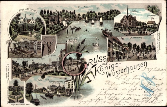 Chromo-Litho Königs Wusterhausen in Brandenburg, new mill, district hospital, Schützenhaus, market square