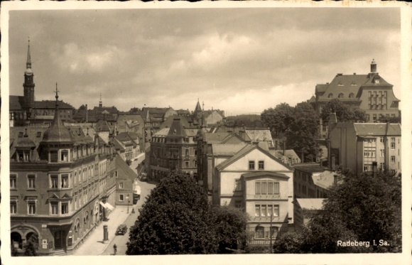 Postcard Radeberg in Saxony, city view, buildings, clouds, street view